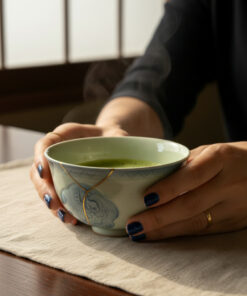 Hands with blue nail polish cradle a light blue ceramic bowl of green tea, steam rising on a beige placemat.
