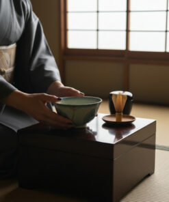 A person wearing a gray kimono holds a ceramic tea bowl on a dark lacquered box during a Japanese tea ceremony, with a bamboo whisk nearby.
