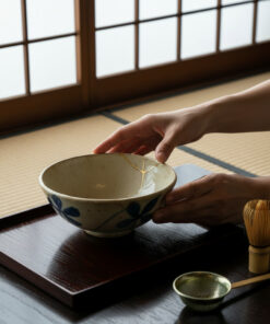 Hands cradle a cracked ceramic bowl repaired with gold inlay (kintsugi) on a dark wooden tea tray, with tea utensils nearby in a Japanese-style room.
