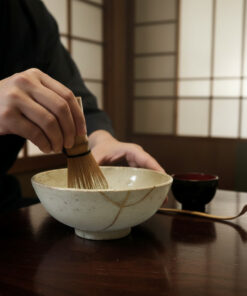 Person whisking matcha with a bamboo chasen in a white ceramic bowl during a Japanese tea ceremony, on a dark wooden table.