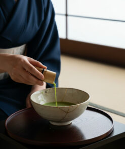 Person in a blue kimono pours bright green matcha from a bamboo container into a ceramic bowl during a Japanese tea ceremony.