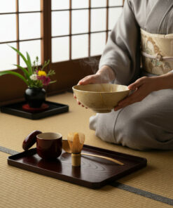 Woman in a kimono holds a beige ceramic tea bowl during a traditional Japanese tea ceremony, with utensils on a dark wooden tray nearby on a tatami mat.