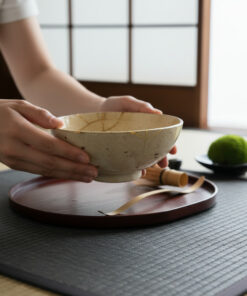 Hands steady a ceramic bowls over a dark wooden tray during a tea ceremony, with a bamboo whisk and a moss ball in the background.