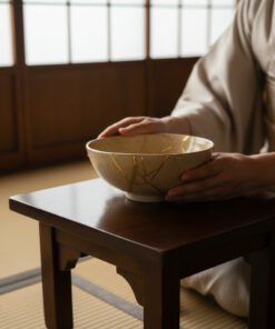 Person in a kimono holds a cracked ceramic bowl on a dark wooden table in a traditional Japanese room.