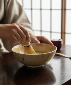 Person whisking bright green matcha with a bamboo chasen in a ceramic bowl on a dark wooden table.
