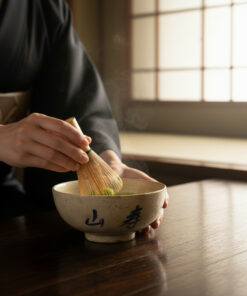 Person in a black kimono whisking matcha in a ceramic bowl on a wooden table, steam rising by a window