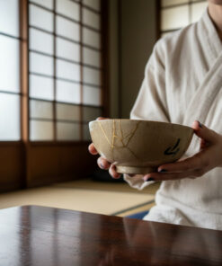 Person in a light robe holds a ceramic bowl with gold-kintsugi cracks during a tea ceremony.