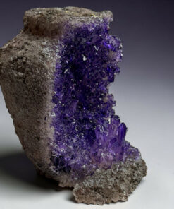 Purple amethyst crystals growing on a rough gray-brown rock surface.