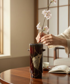 Person arranging pale pink cherry blossoms in a tall maroon ceramic vase on a wooden table