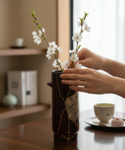 Hands arranging white blossom branches in a dark ceramic vase on a wooden table, with tea cup and plate of sweets nearby in soft light.