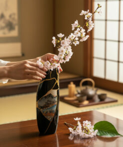Hand arranging pink cherry blossoms in a tall black vase with a landscape motif on a wooden table, Japanese-style room.