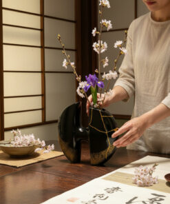 Person arranging a flower arrangement in a glossy black vase with white blossoms and purple irises on a wooden table in a Japanese-style room with shoji screens.