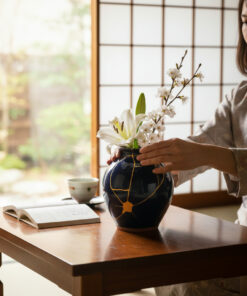 Woman in a kimono adjusts a floral arrangement—white lilies and cherry blossoms—in a glossy blue vase on a wooden table by a shoji screen.