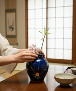 Person in traditional clothing places pink cherry blossoms into a blue ceramic vase on a wooden table in a Japanese-style room with shoji screens.