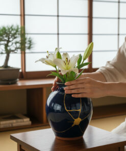 Hands place white lilies into a dark blue vase with gold crackle pattern on a wooden table, a bonsai visible on a bench in the background.