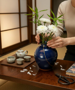 Person arranging white chrysanthemums in a glossy blue vase on a wooden table in a traditional room.
