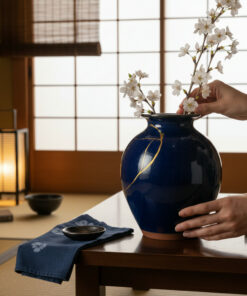 Hands arrange white blossoms in a cobalt blue vase on a wooden table in a Japanese-style room with shoji screens and a lantern in the background.