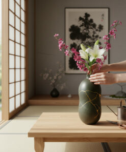 Two hands arrange a green vase with white lilies and pink blossoms on a light wooden table in a Japanese-style room with shoji screens.