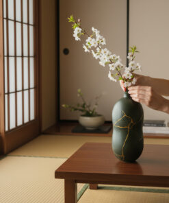 Person places white blossoms in a dark green vase with gold cracks on a wooden table in a Japanese-style room