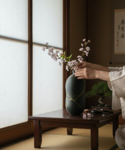 Person places pink cherry blossoms into a dark ceramic vase on a low wooden table in a Japanese-style room.