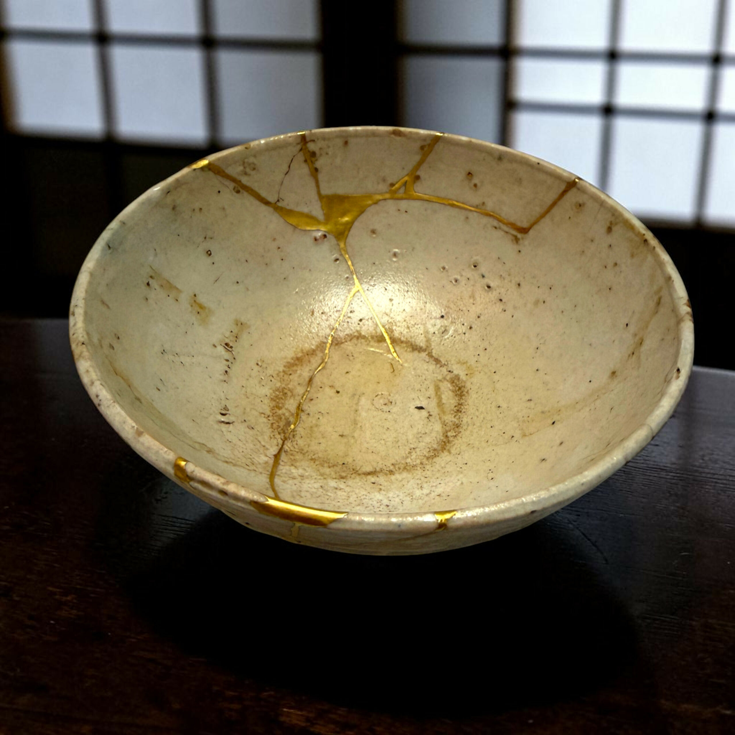 IMG_2508-Photoroom | Kintsugi by Myriam GREFF Close-up of a white ceramic bowl with gold kintsugi cracks on a dark wooden table, window grid blurred in background.