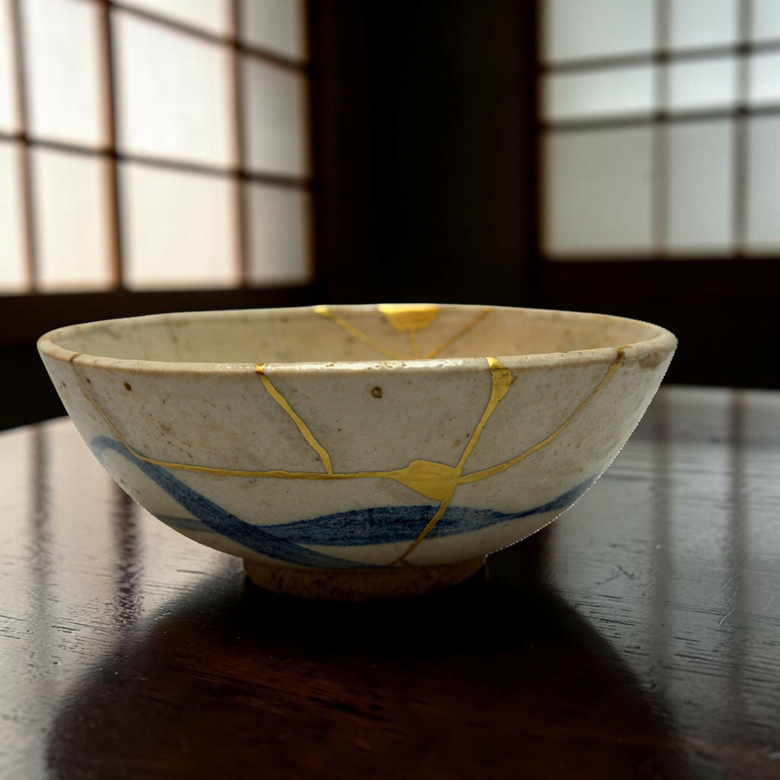 IMG_2513-Photoroom | Kintsugi by Myriam GREFF Close-up of a white ceramic bowl with blue rim and gold decorative lines on a dark wooden table.
