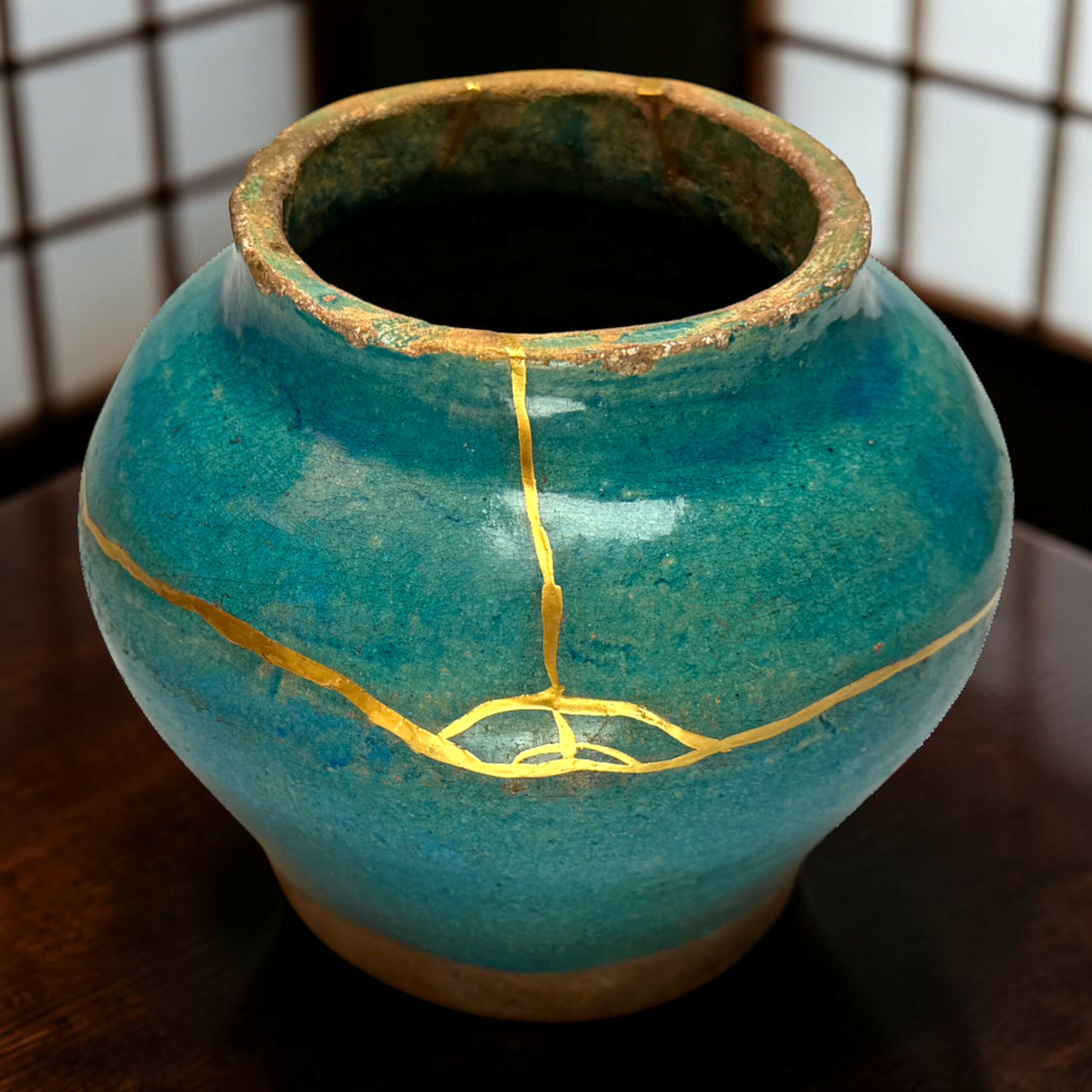 IMG_2515-Photoroom | Kintsugi by Myriam GREFF Close-up of a turquoise ceramic vase with a wide opening and gold decorative lines around its rim and body.