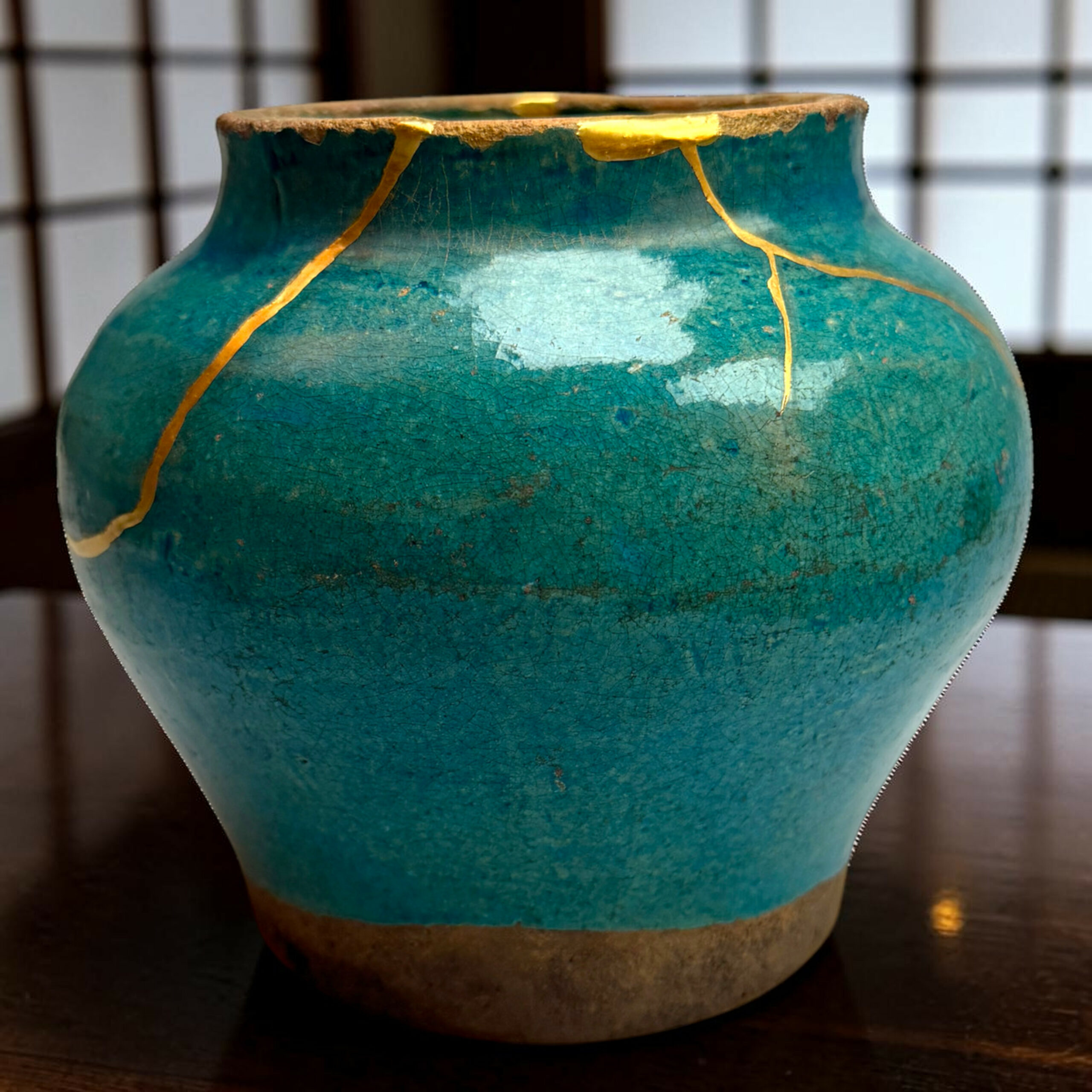 IMG_2517-Photoroom | Kintsugi by Myriam GREFF Close-up of a turquoise ceramic vase with gold cracks in a crackled glaze, resting on a dark wooden surface.