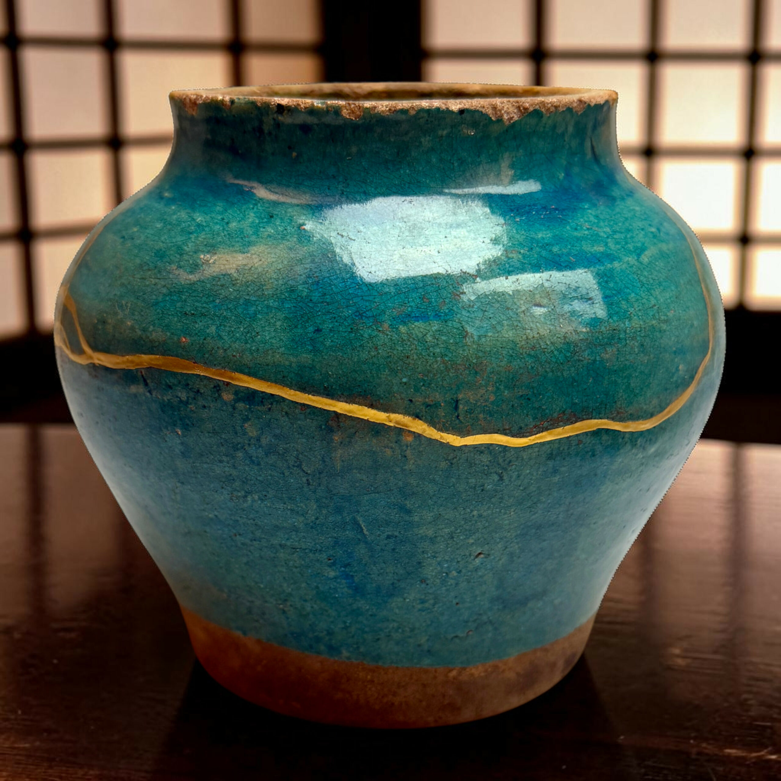 IMG_2518-Photoroom | Kintsugi by Myriam GREFF Close-up of a blue ceramic vase with a crackled glaze and a gold rope motif, against a dark, grid-patterned background.