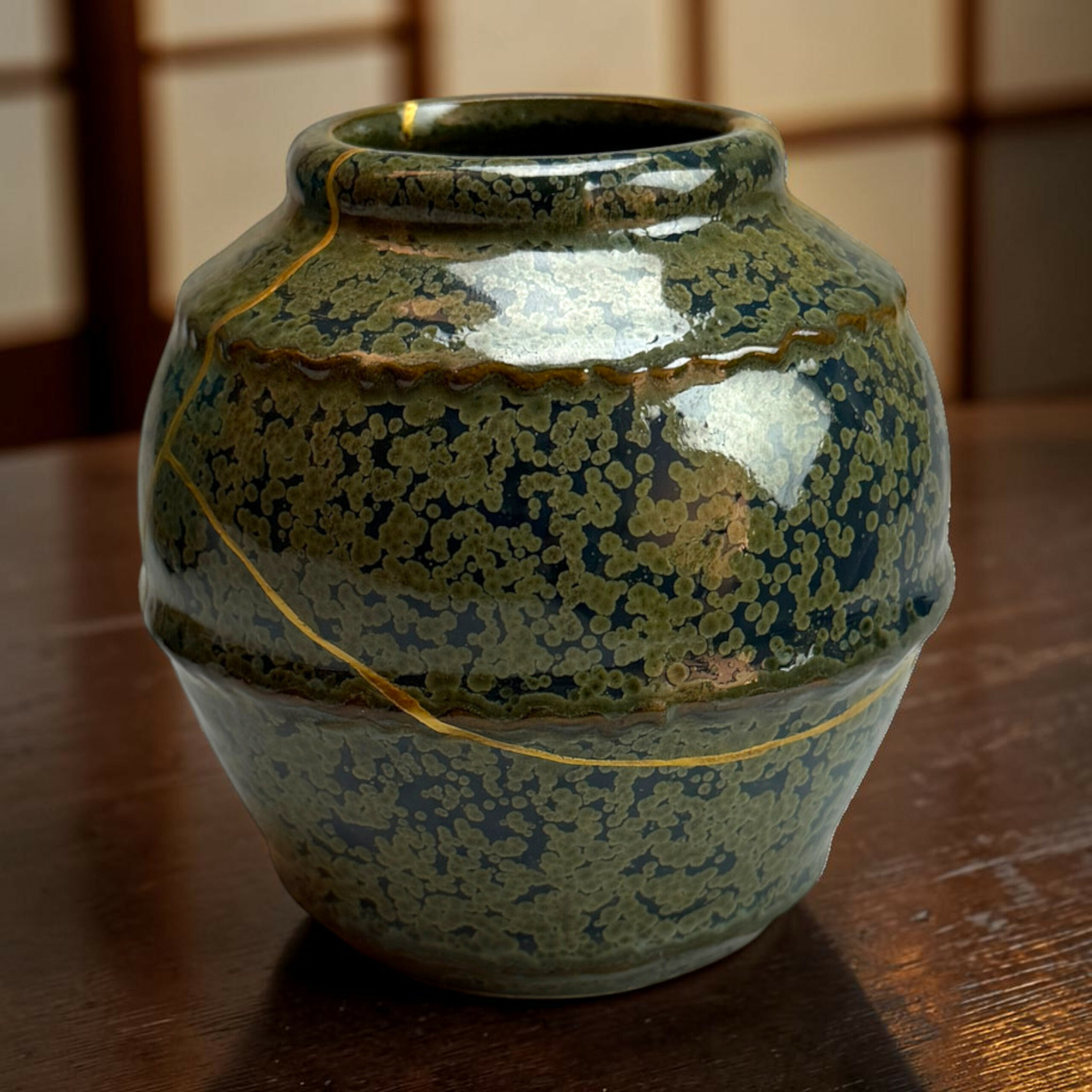 IMG_2520-Photoroom | Kintsugi by Myriam GREFF Close-up of a blue-green ceramic vase neck with a mottled glaze and a yellow cord, on a wooden table.