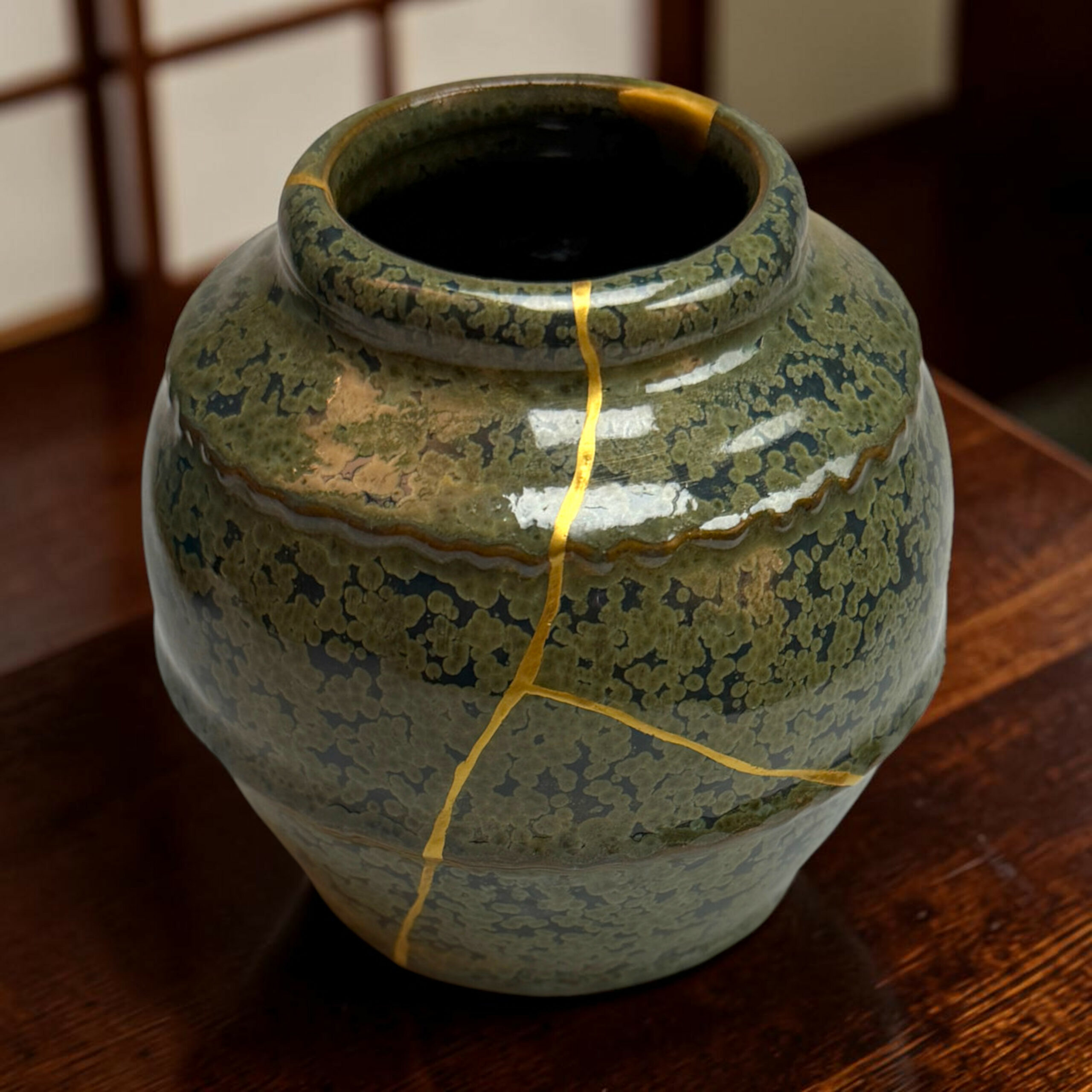 IMG_2522-Photoroom | Kintsugi by Myriam GREFF Close-up of a green glazed ceramic vase with gold decorative lines on a wooden floor.