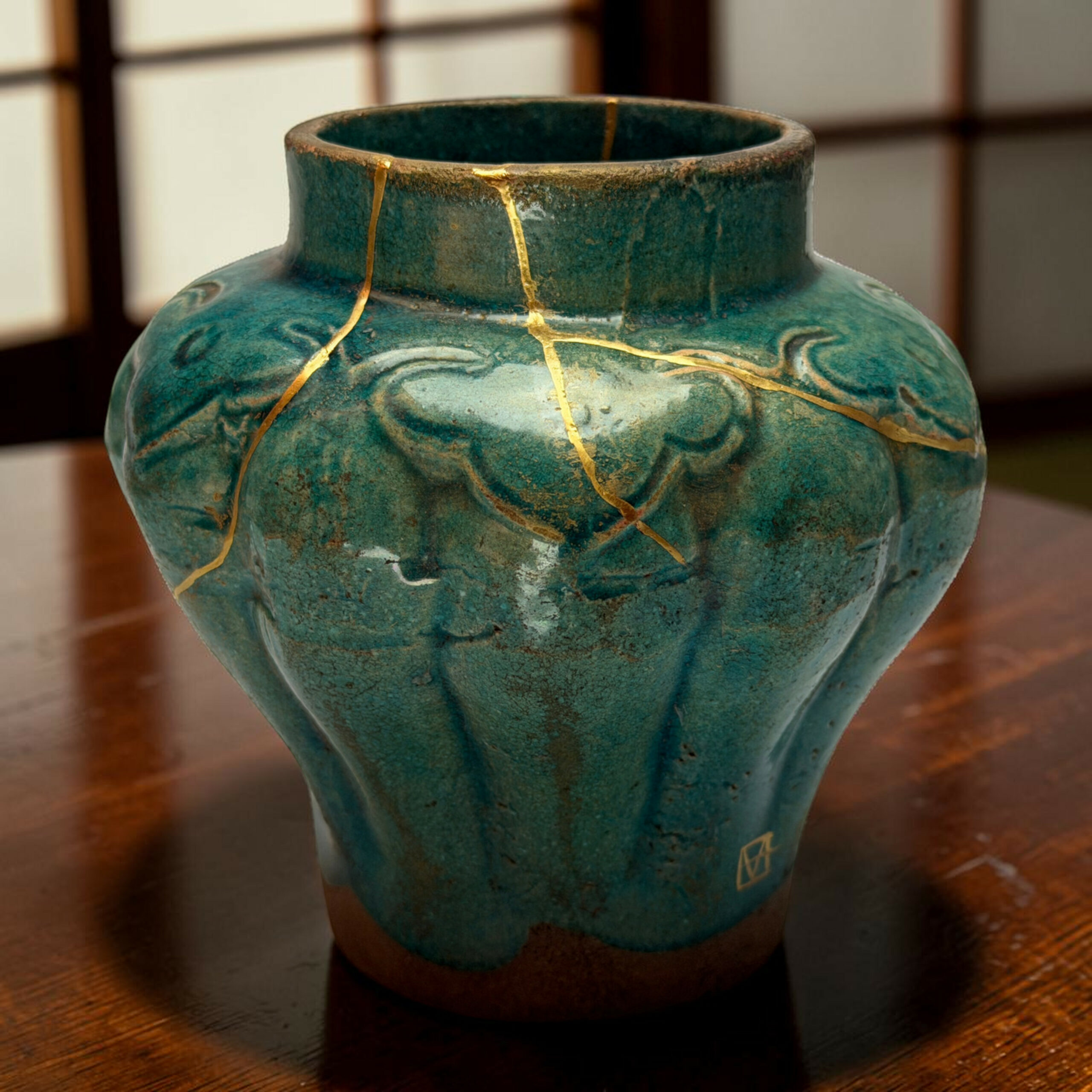 IMG_2533-Photoroom | Kintsugi by Myriam GREFF Close-up of a teal ceramic vase with gold kintsugi cracks visible on the surface.