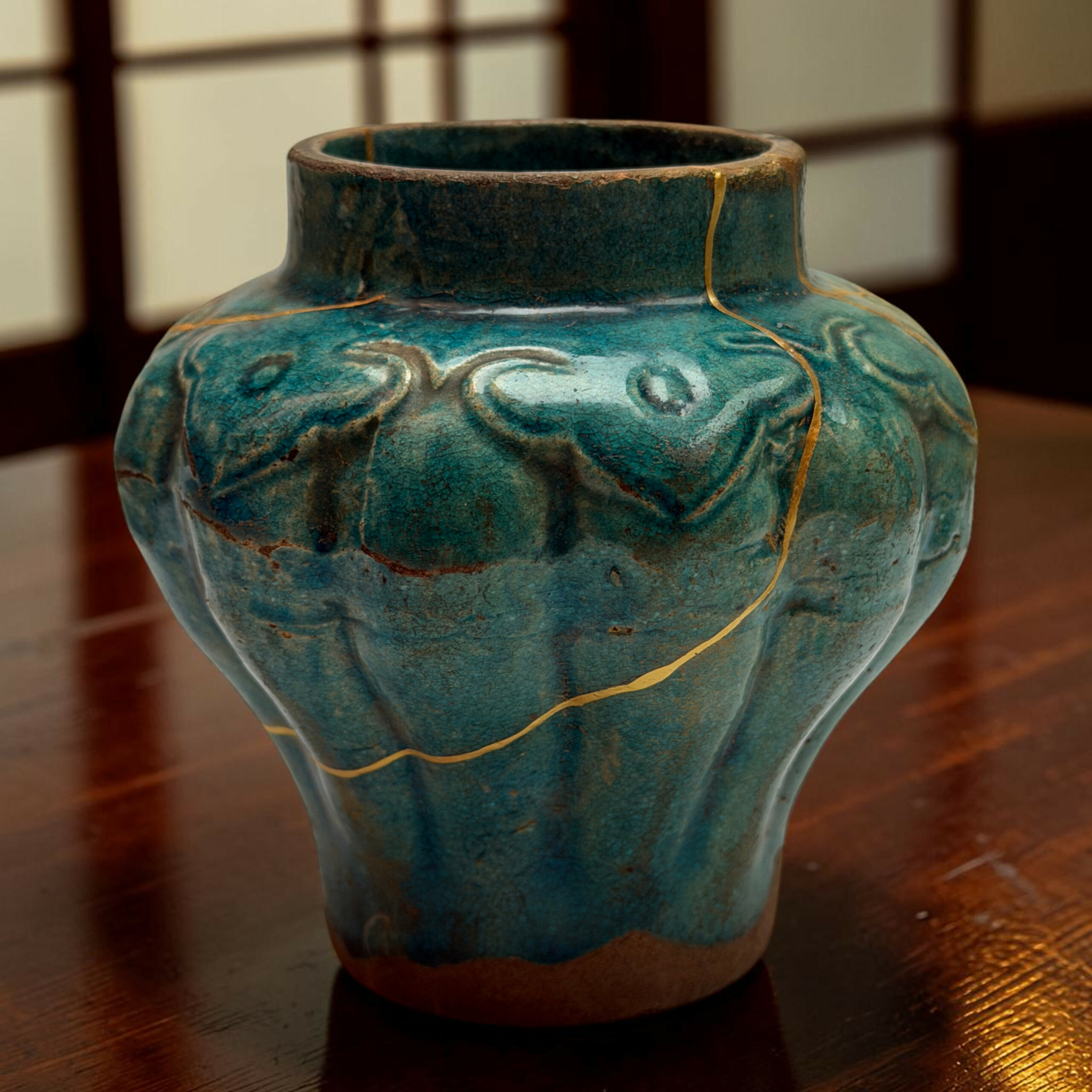 IMG_2534-Photoroom | Kintsugi by Myriam GREFF Close-up of a teal ceramic vase with gold decorative lines on a wooden table.