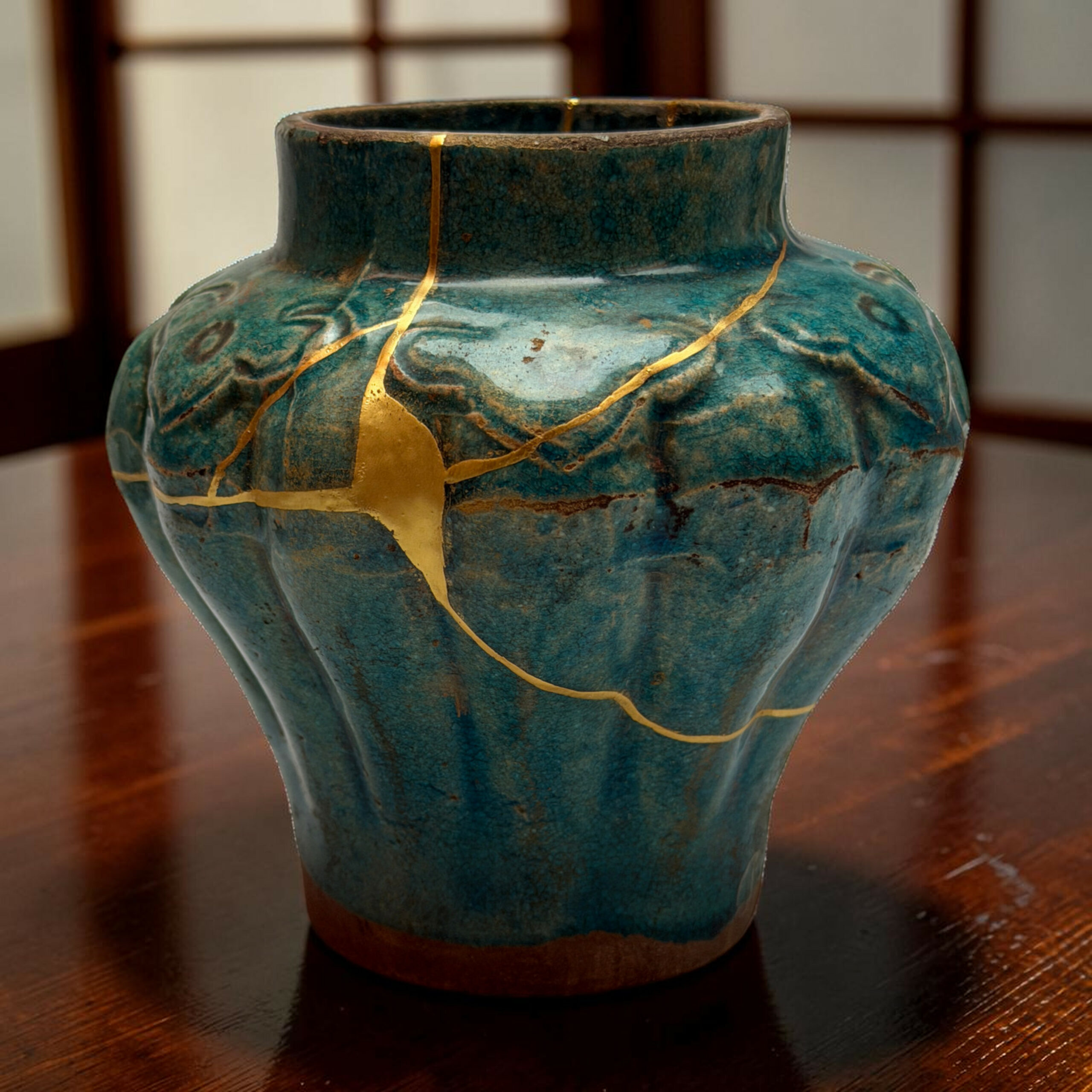 IMG_2535-Photoroom | Kintsugi by Myriam GREFF Close-up of a turquoise ceramic vase with gold crackle lines on a dark wood table