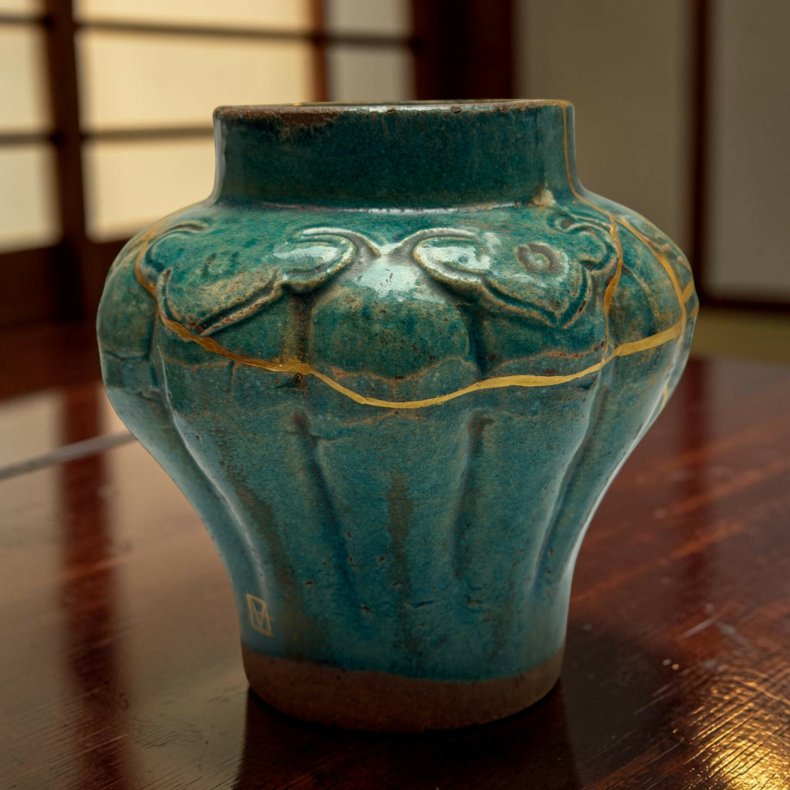 IMG_2536-Photoroom | Kintsugi by Myriam GREFF Close-up of a turquoise ceramic vase with carved patterns and gold lines, sitting on a dark wooden table