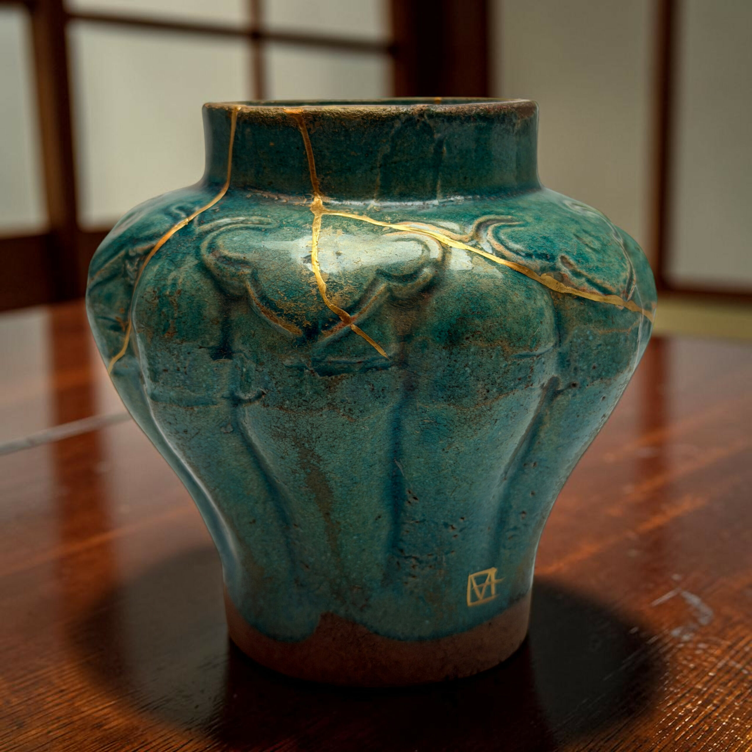 IMG_2537-Photoroom | Kintsugi by Myriam GREFF Close-up of a teal ceramic vase with gold crackle lines and a dark brown base on a wooden table (kintsugi-inspired repair).