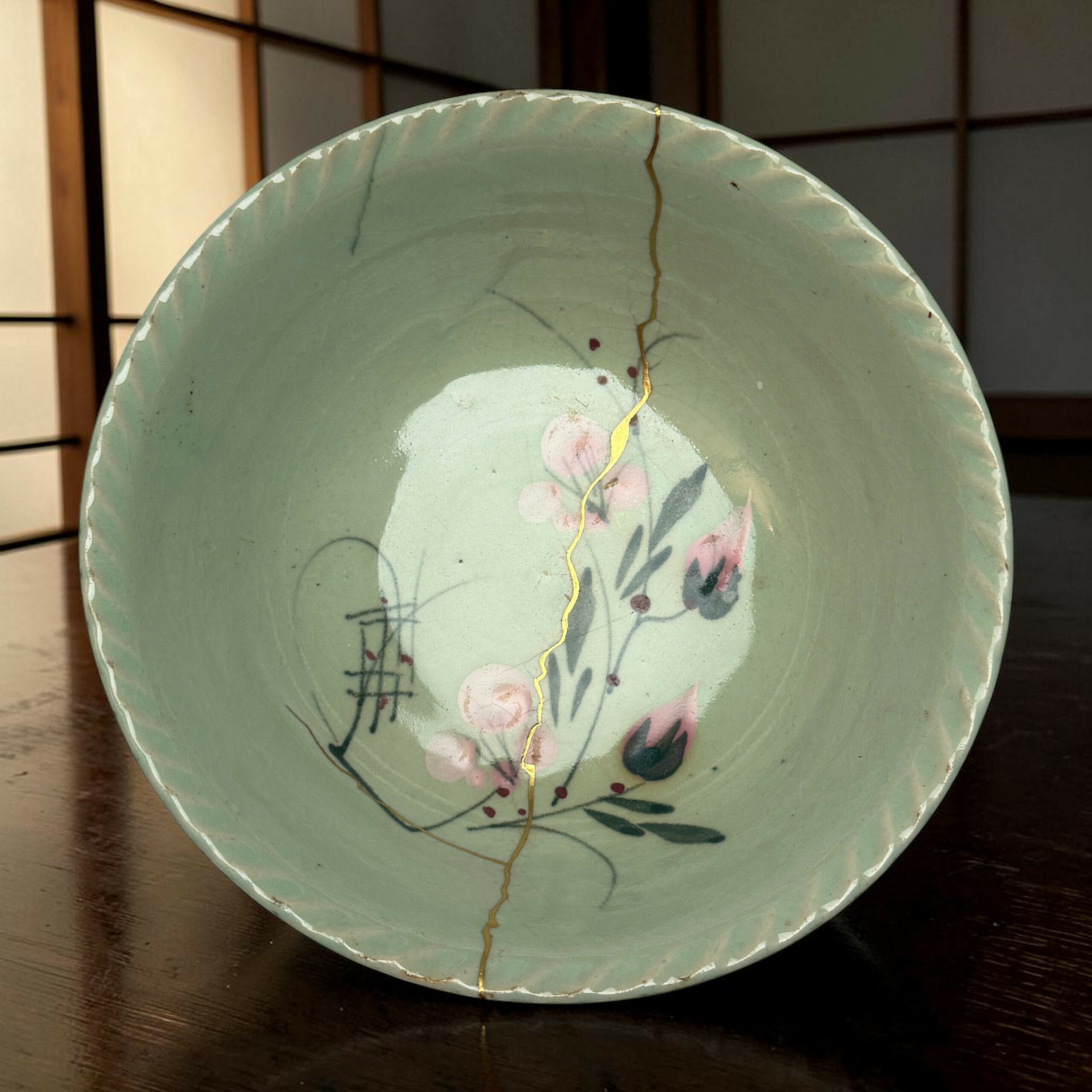 IMG_2538-Photoroom | Kintsugi by Myriam GREFF Close-up of a pale green ceramic plate with a gold crack running down the rim, floral pattern, on a wooden table.