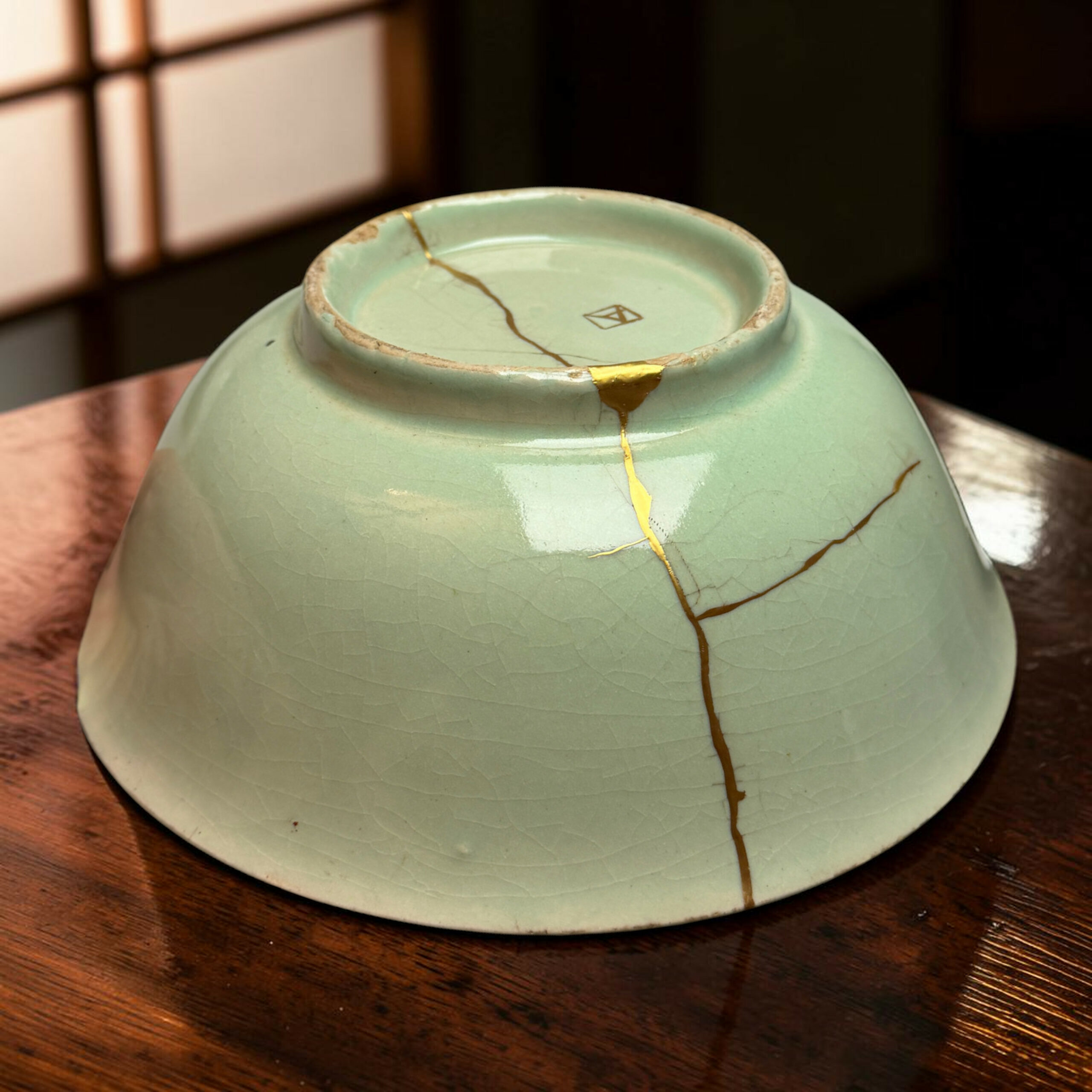 IMG_2541-Photoroom | Kintsugi by Myriam GREFF Green ceramic vase with gold kintsugi cracks resting on a wooden surface, close-up detail of repaired pottery.