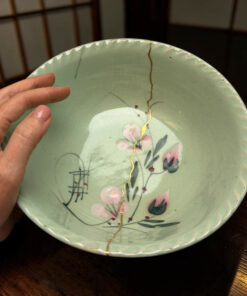 Close-up of a pale green ceramic plate with floral design, showing a long crack and a hand resting on its edge.