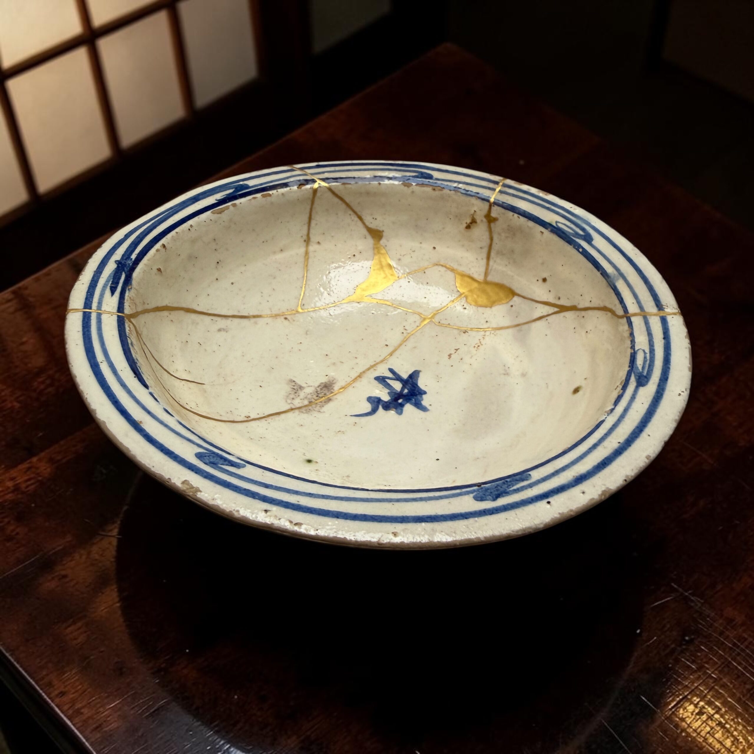 IMG_2550 | Kintsugi by Myriam GREFF White ceramic plate with a blue rim and gold crackle lines, resting on a dark wooden table.