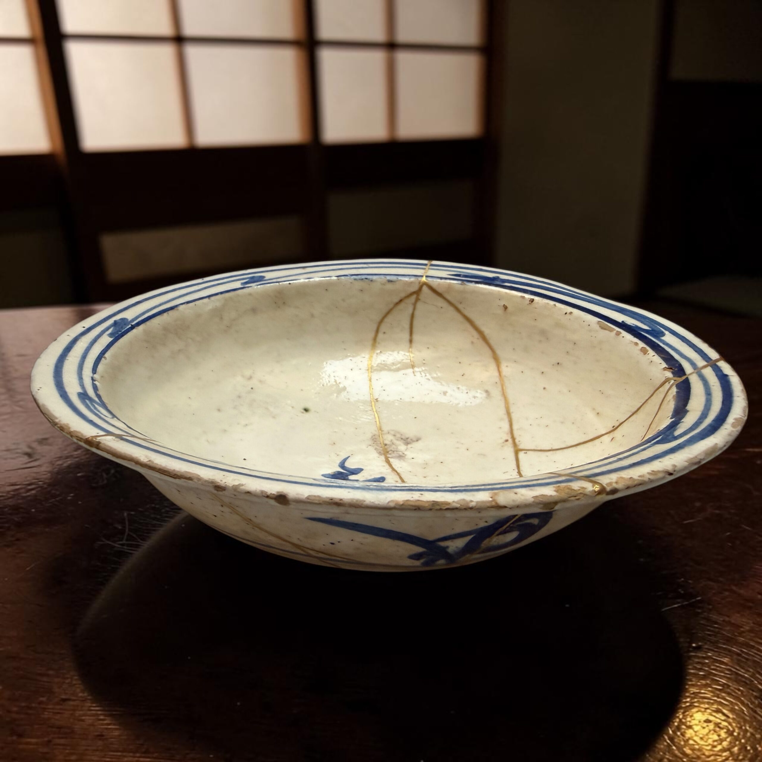 IMG_2552 | Kintsugi by Myriam GREFF Close-up of a white ceramic bowl with blue rim on a wooden table, showing food remnants and thin brown sauce lines inside.