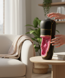 Hands reach toward a tall matte black vase with pink geode crack design on a round wooden table in a bright living room.