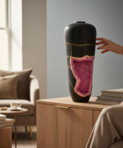Hand reaching toward a tall black vase with a pink geode centerpiece on a wooden cabinet in a bright living room living space.
