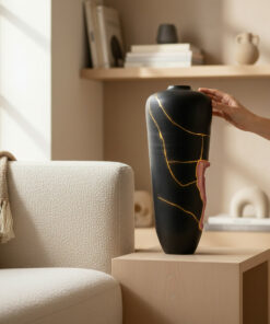 Hand reaching toward a tall black ceramic vase with gold cracks on a wooden pedestal in a neutral living room setting.