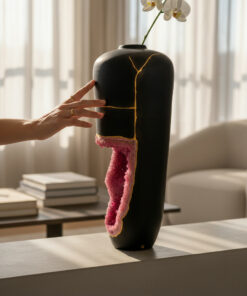 Black ceramic vase with a pink porous interior cutaway, touched by a hand, orchid stem on top.