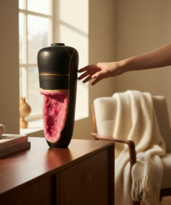 Hand reaching toward a tall black vase with a pink crystalline interior on a wooden sideboard by a sunlit window.
