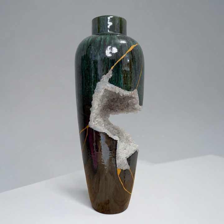 | Kintsugi by Myriam GREFF Tall glazed ceramic vase with a jagged white crystalline fracture running down its side