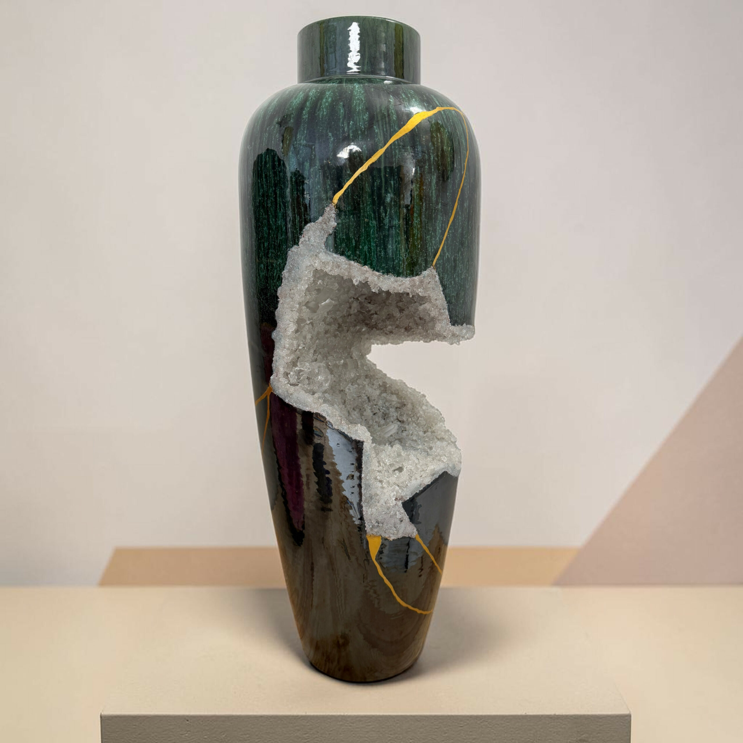 3clarte-souterraine-vase-geode-vert-blanc-myriam-greffjpg | Kintsugi by Myriam GREFF Green ceramic vase with gold veining and a cluster of white crystals attached, displayed on a pedestal, museum-style.