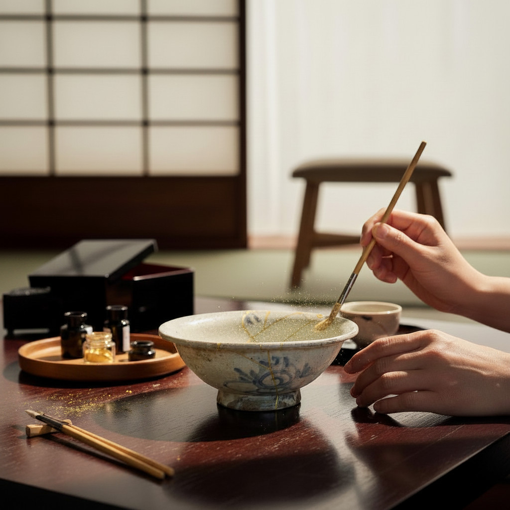 IMG_2969 Modifier avec IA-Photoroom | Kintsugi by Myriam GREFF Hands stir a ceramic bowl with a wooden chopstick on a dark wooden table; a tray with small bottles sits to the left.