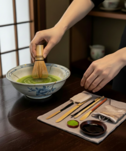 Person whisking matcha in a ceramic bowl; traditional tea utensils arranged on a mat nearby.